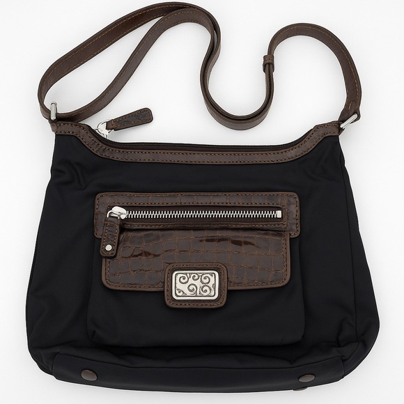 Brighton Handbags - Brighton Charlie Pocket Shoulder Bag – Black Nylon with Brown Croc Patent Trim
